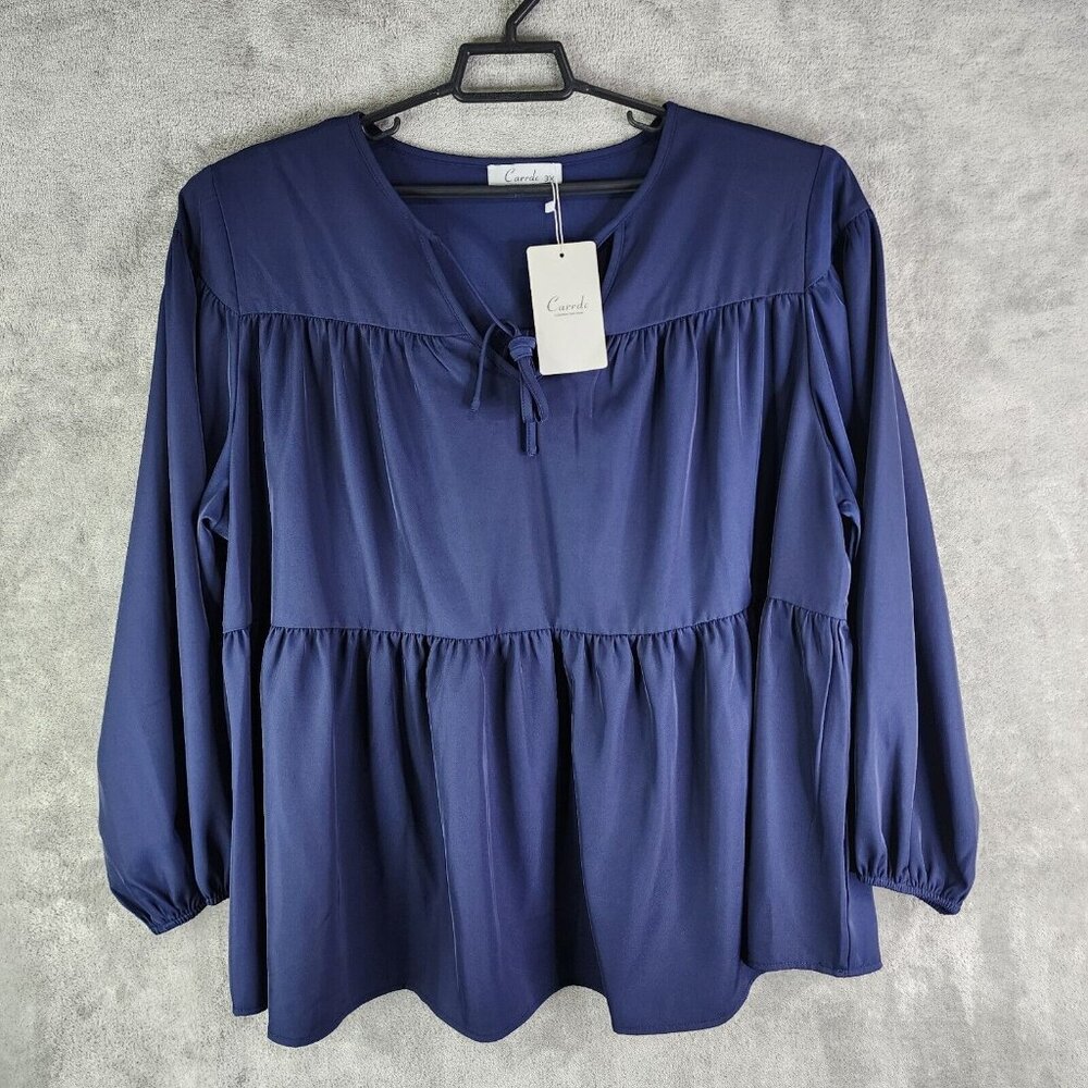 Womens Navy Blue Carrdc Tiered Blouse Top v neck tie long sleeve Ruffles Size 3X
